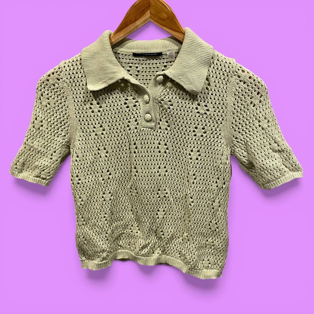 Cute Tahari sage cotton eyelet crop short sleeve polo sweater classic preppy